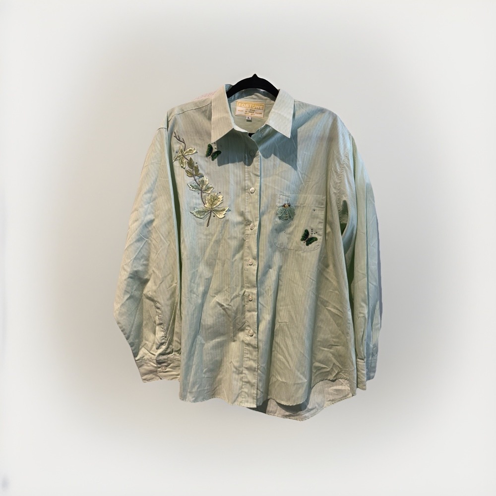 Fortune by Stan‎ Green Butterfly Novelty Button-Down Shirt Floral Appliqué LG